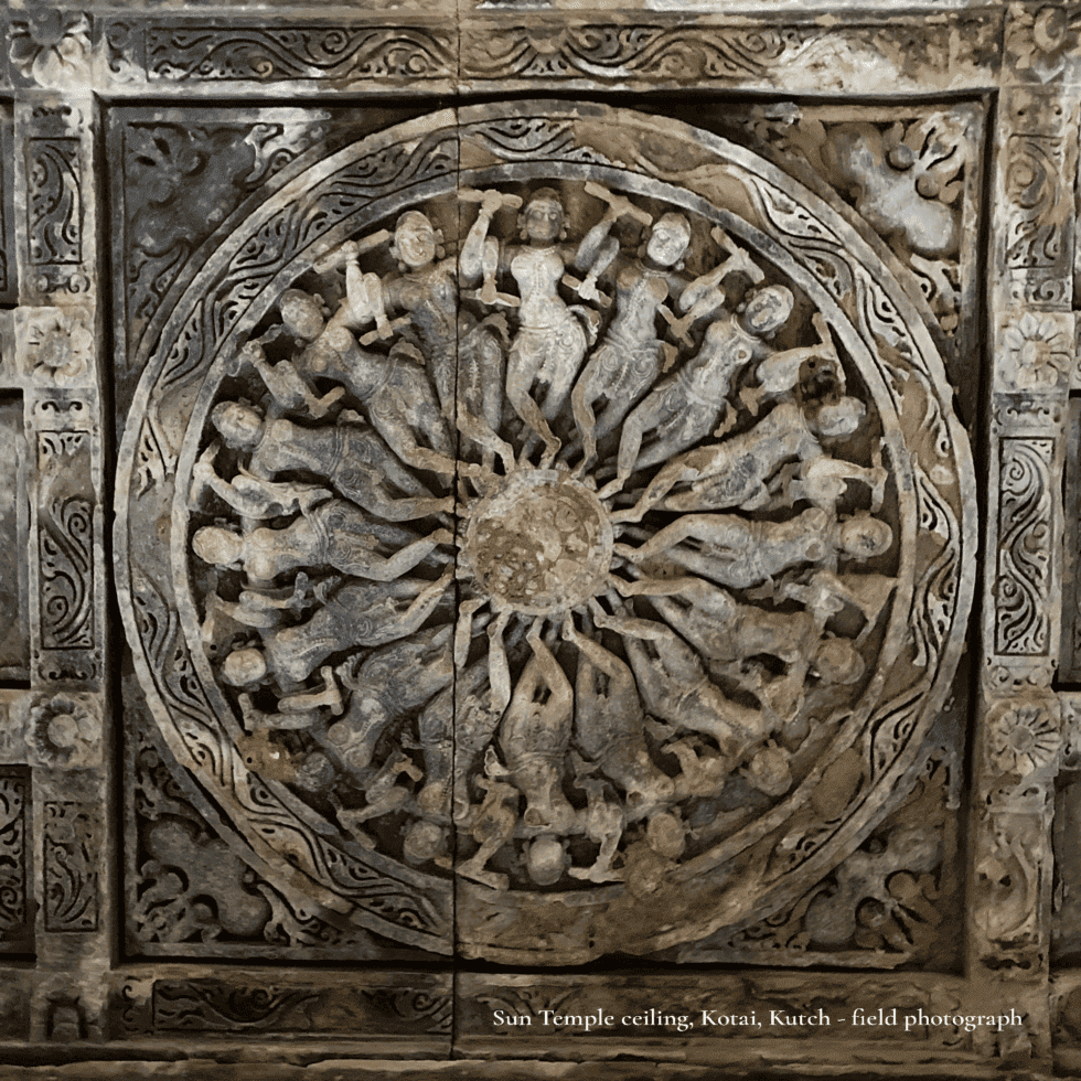 Intricate Sun Temple ceiling carving in Kutch with detailed geometric patterns.