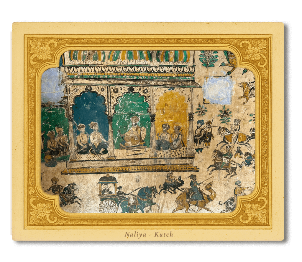 Traditional Kutch miniature painting depicting Naliya scene with figures and horses.