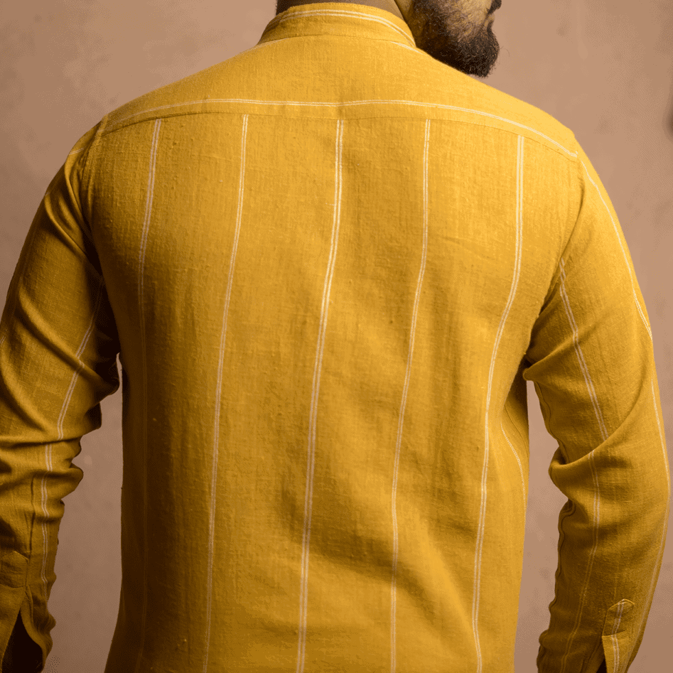 Yellow traditional woven kurta with vertical white stripes from House of Kutch.