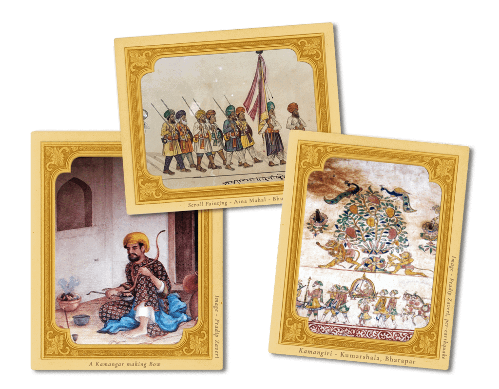 Traditional Kutch scroll paintings depicting historical scenes and cultural art.
