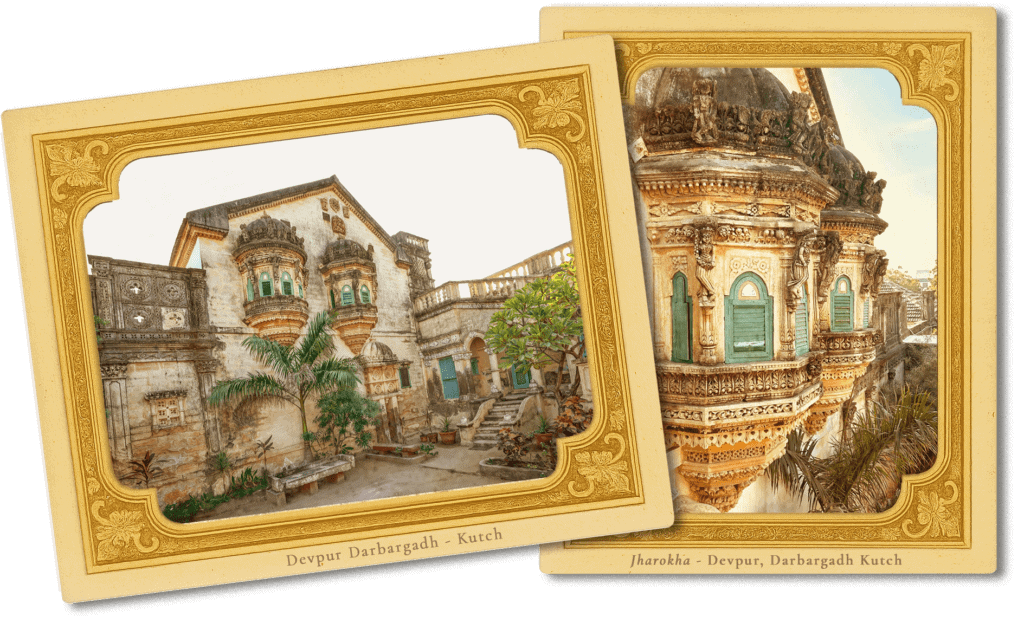 Historic Kutch jharokhas with intricate carvings and vibrant colors.