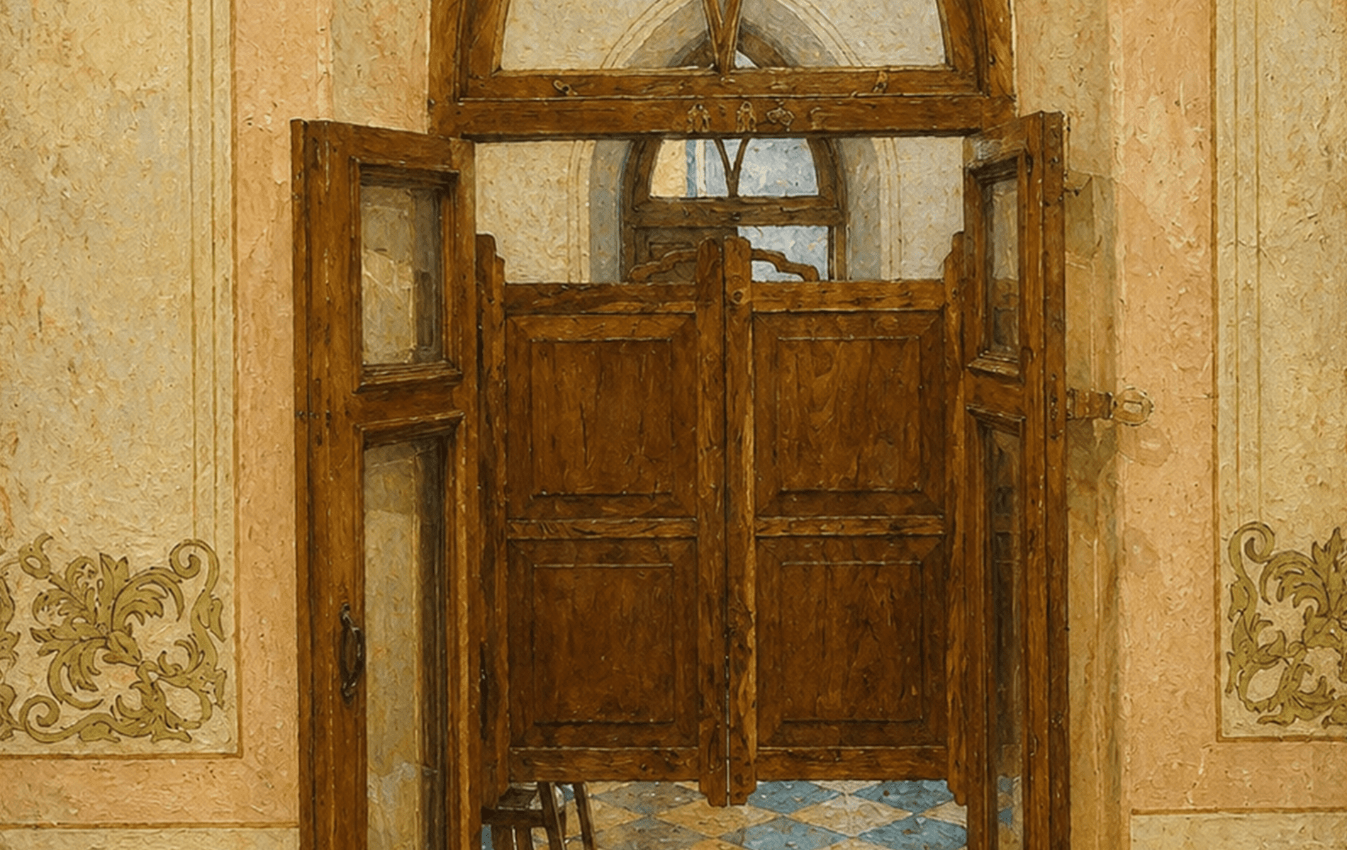 Vintage wooden door with open shutters in historic house.