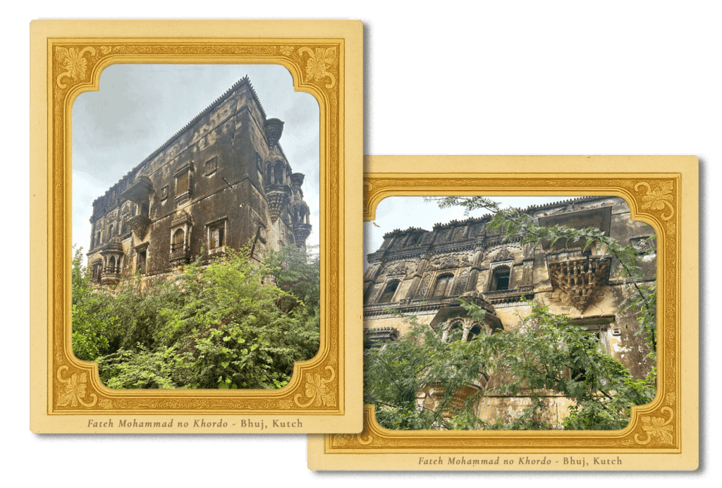Ancient Kutch palace with intricate architecture and lush greenery.