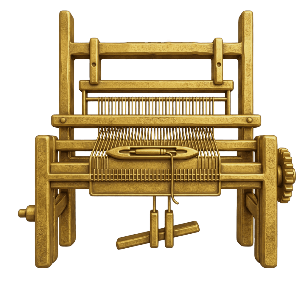 Gold-colored traditional handloom weaving loom from Kutch region.